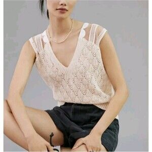 Maeve For Anthropologie Sheer Sleeve Sweater Crochet Vest Beige OS Plunge Neck